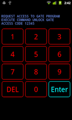 Noisegate screen with text 'REQUEST ACCESS TO GATE PROGRAM; EXECUTE COMMAND UNLOCK GATE; ACCESS CODE 12345'