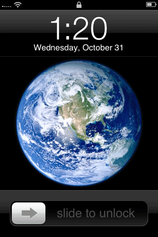 iPhone 1 lockscreen with photo of Earth and 'slide to unlock' widget